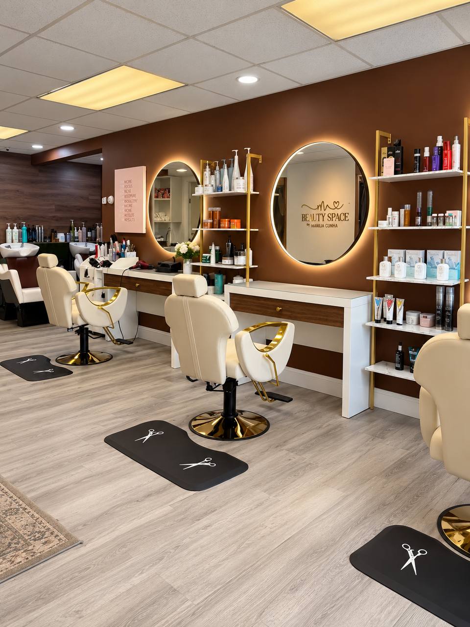 Interior do Beauty Space, esta&ccedil;&otilde;es de atendimento e espelhos iluminados