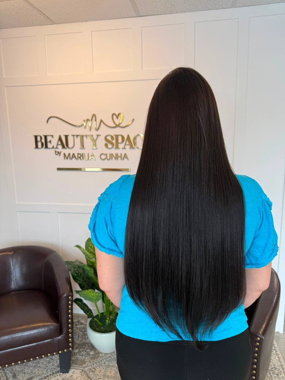 Hair transformation at Beauty Space, Dracut MA — mirror-shine straight hair