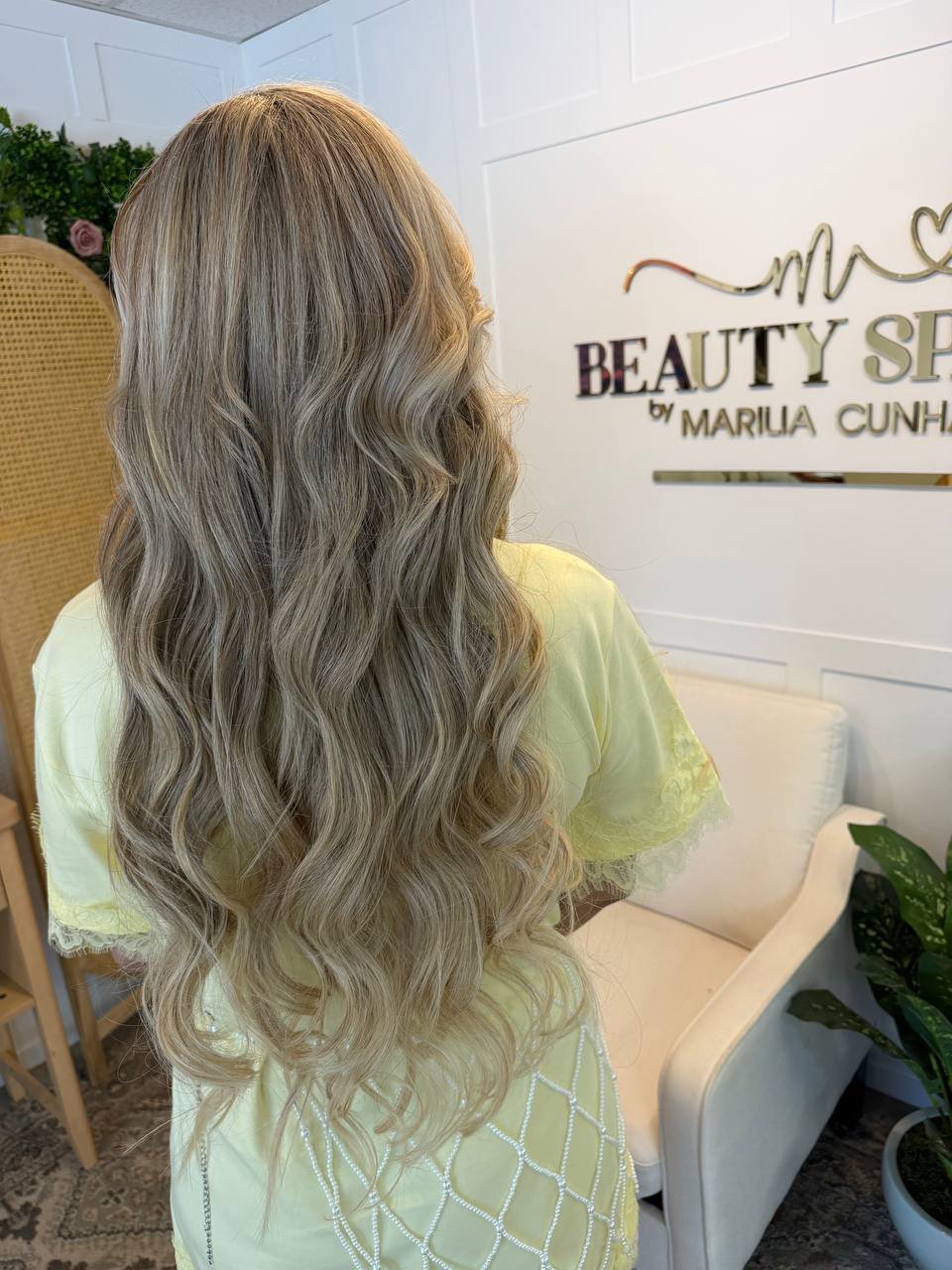 Hair transformation at Beauty Space, Dracut MA — blonde by the salon logo