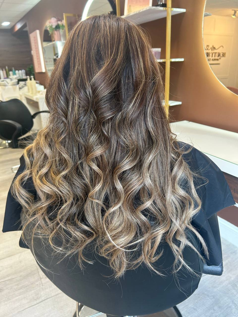 Hair transformation at Beauty Space, Dracut MA — caramel ombre waves